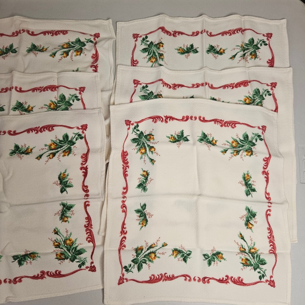 Vintage Floral Cloth Napkins Set of 6 Cream Red Yellow Rose Scroll 12x12